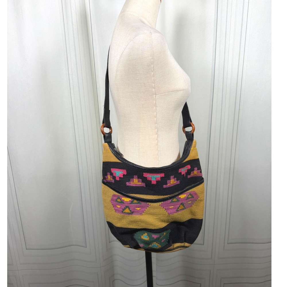 Vintage 90s Southwestern Handwoven Kilim Tapestry Hobo Bag Leather Trim India